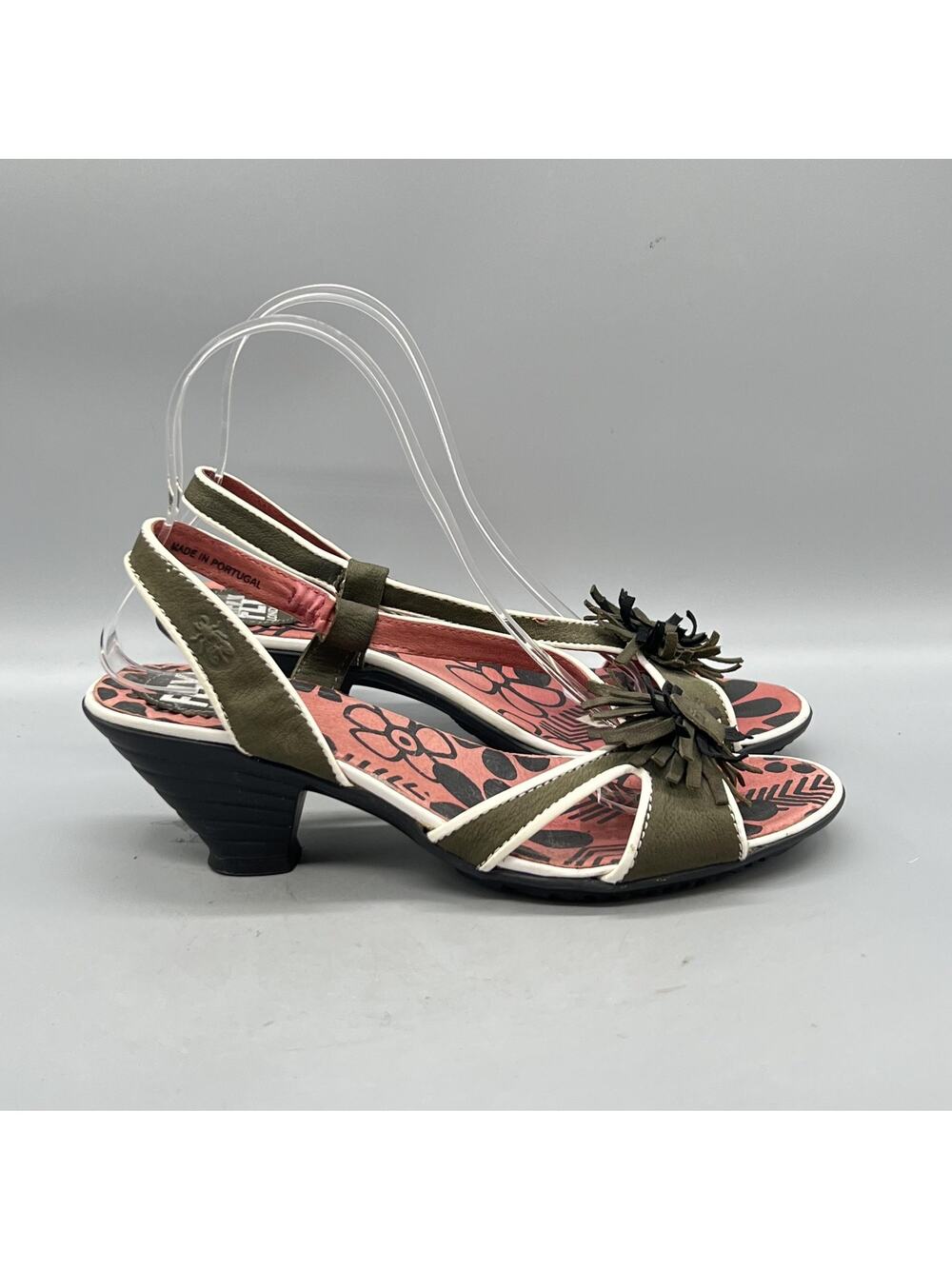 FLY London Sandals Womens 7.5 Green Leather Floral Slingback Cone Heel Shoes